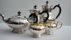5 piece silver tea service with ebony handles